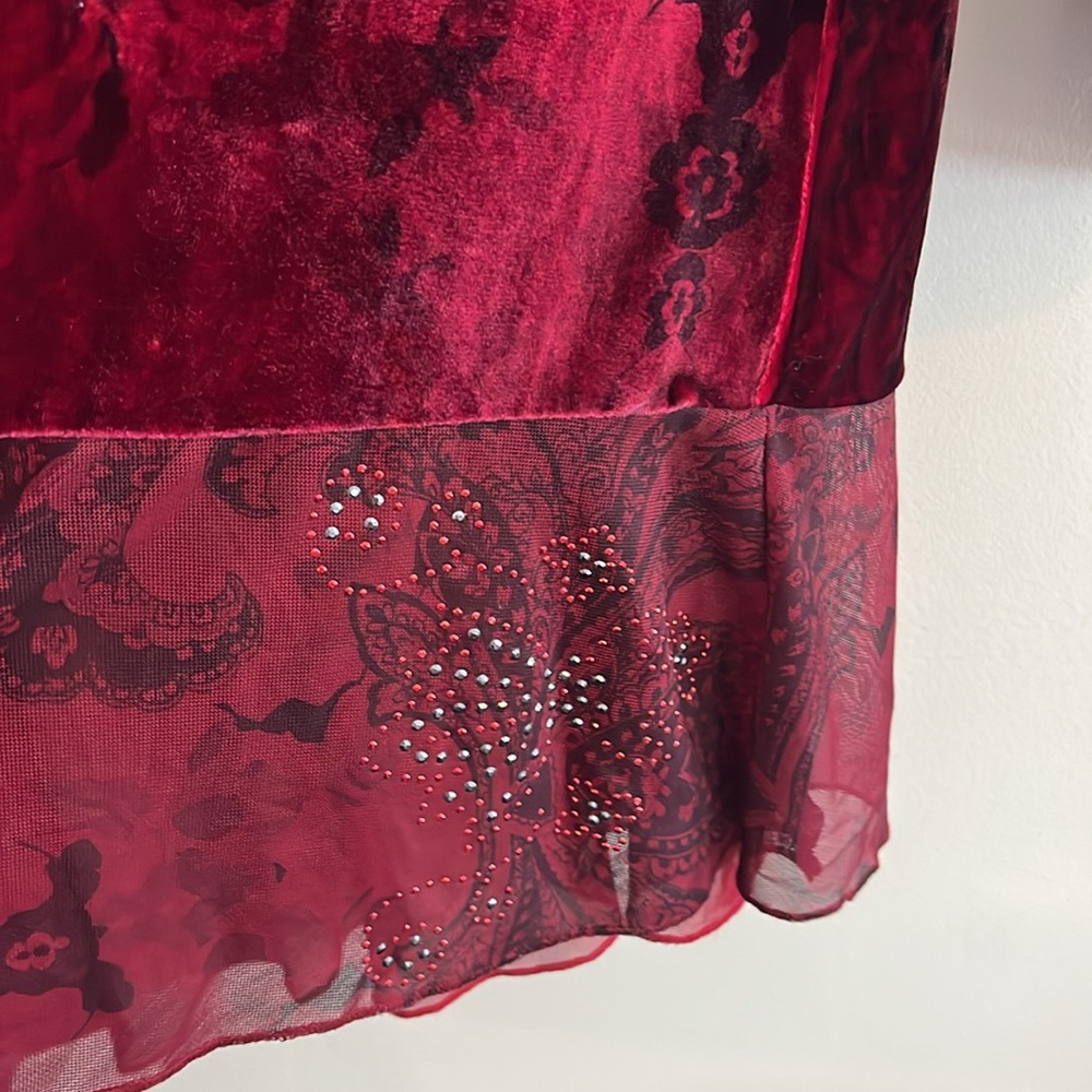 Vintage Velvet paisley Top Red Black Gothic Goth Rhinestone Dark Romantic Tunic - Picture 3 of 5
